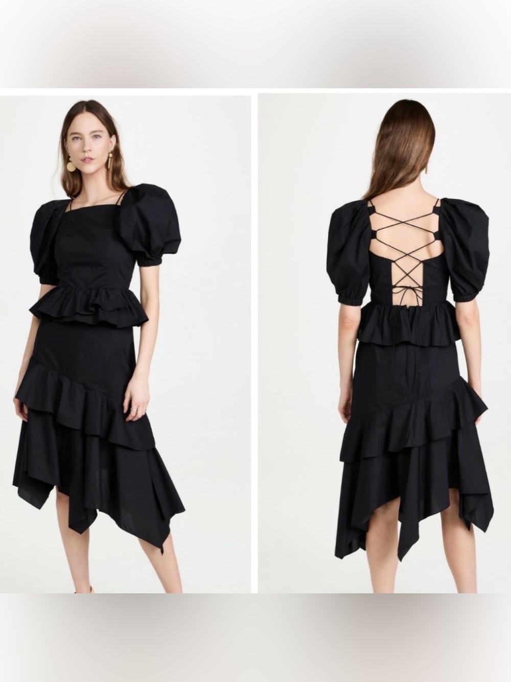 Ulla Johnson black cotton Marie ruffle midi puff sleeve women’s dress size 2 Xs